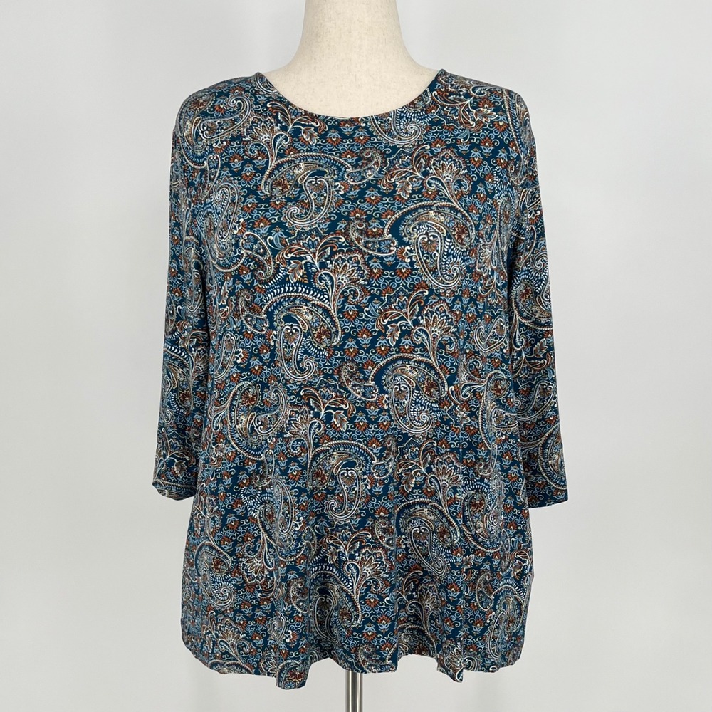 J. Jill Wearever Women Paisley 3/4 Sleeve Relaxed Knit Tunic Top Size XL Blue
